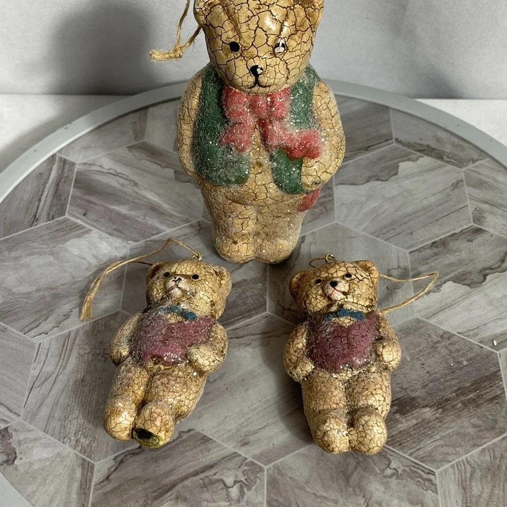Vintage Crackle Teddy Bear Figurines Set of 3 Rustic Christmas Decor